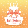 Happy birthday to you with text on white paper cake shape and sweet orange bow and star background vector design