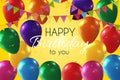 Happy birthday to you text on yellow background with colorful balloons, party flags and confetti Royalty Free Stock Photo