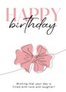 Happy Birthday. Trendy minimalist greeting card with one line drawing tied bow