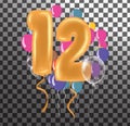 Happy Birthday twelve year, fun celebration anniversary greeting card with number, balloon on background