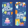 Happy birthday typographic banner, vector illustration. Greeting card lettering, birthday party invitation. Gift boxes Royalty Free Stock Photo