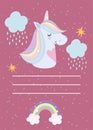 Happy birthday unicorn cartoon rainbow horn hair clouds rain invitation card Royalty Free Stock Photo