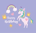 Happy birthday unicorn crown rainbow stars hearts cartoon