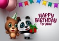 Happy birthday vector animal kids party. Happy birthday greeting text with panda and bear kids animal characters. Royalty Free Stock Photo