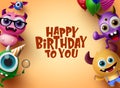 Happy birthday vector background design. Cute little monsters character Royalty Free Stock Photo