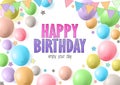 Happy birthday vector banner design. Birthday greeting text with colorful balloons Royalty Free Stock Photo