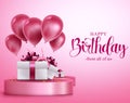 Happy birthday vector banner design. Happy birthday text in pink empty space elegant background with gifts and balloons elements. Royalty Free Stock Photo