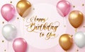 Happy birthday vector banner design. Happy birthday to you greeting text with colorful celebration elements like balloons.