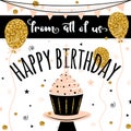 Happy Birthday vector card. Background with golden balloons and cupcake. Template for banner, flyer, brochure, gift Royalty Free Stock Photo