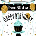 Happy Birthday vector card. Background with golden balloons and cupcake. Template for banner, flyer, brochure, gift Royalty Free Stock Photo