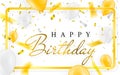 Happy birthday vector Celebration party banner Golden foil confetti and white and glitter gold balloons