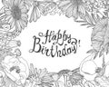 Happy Birthday! Vector congratulation card with floral frame