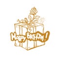 Happy Birthday. Vector golden sketch illustration of gift box with ribbon and rose.