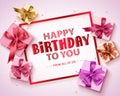 Happy birthday vector greeting card design.Birthday gift boxes and happy birthday text Royalty Free Stock Photo