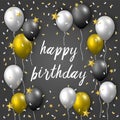 Happy birthday vector greeting card with golden, silver and black flying party balloons, confetti and stars on grey background Royalty Free Stock Photo