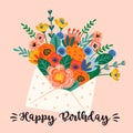 Happy Birthday. Vector illustration of cute bouquet of flowers in envelope