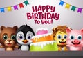 Happy birthday vector kids animal party concept. Happy birthday greeting text with cake element and kids animal characters.