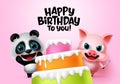 Happy birthday vector kids party animals. Happy birthday greeting text with cake elements.