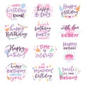 Happy birthday vector quote anniversary text sign kids birth lettering type with calligraphy letters or textual font for