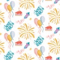 Happy birthday vector seamless pattern. Balloons, fireworks and cake on a white background Royalty Free Stock Photo