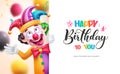 Happy birthday vector template design. Birthday text in white board with colorful funny clown character Royalty Free Stock Photo