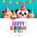 Happy birthday vector template design. Birthday emoticon animal characters with white board space