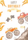Happy birthday watercolor card with monster trucks for boy with flags, ribbon, fire, mud