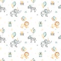 Happy birthday watercolor seamless pattern with cute elephant, zebra, lion on balloons with stars, gifts on white background