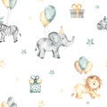 Happy birthday watercolor seamless pattern with cute elephant, zebra, lion on balloons with stars, gifts on white background