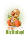 happy birthday watercolor style card with funny duck, holiday greeting illustration Royalty Free Stock Photo