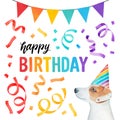 Happy Birthday Watercolour Greeting Card Design With Colorful Rainbow Decorations And Cute Little Jack Russell Terrier Puppy.