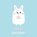 Happy Birthday. White bunny rabbit holding cake with candle. Funny head face. Big eyes. Cute kawaii cartoon character. Baby greeti