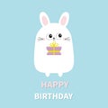 Happy Birthday. White bunny rabbit holding gift box. Funny head face. Big eyes. Cute kawaii cartoon character. Baby greeting card Royalty Free Stock Photo