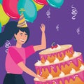 Happy birthday, woman with big cake fruits cream celebration party event decoration
