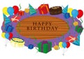 Happy birthday wooden signboard decorated with party items, cakes and candles vector illustration