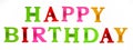 Happy birthday word lined with plastic multicolored letters on white background