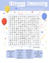 Happy Birthday word search puzzle. Educational game for kids. Crossword suitable for social media post.