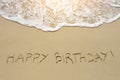 Happy birthday written on sand beach Royalty Free Stock Photo