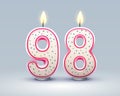 Happy Birthday years. 98 anniversary of the birthday, Candle in the form of numbers. Vector