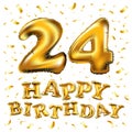 Happy birthday 24 years anniversary joy celebration. 3d Illustration with brilliant gold balloons & delight confetti for your uniq Royalty Free Stock Photo