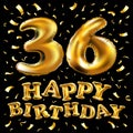 Happy birthday 36 years anniversary joy celebration. 3d Illustration with brilliant gold balloons & delight confetti for your uniq Royalty Free Stock Photo