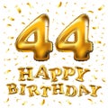 Happy birthday 44 years anniversary joy celebration. 3d Illustration with brilliant gold balloons & delight confetti for your uniq Royalty Free Stock Photo