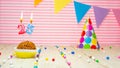 Happy birthday for 25 years. Festive background with muffin. Copy a birthday card for a twenty-five year old on a pink background. Royalty Free Stock Photo