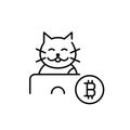 Happy bitcoin user. Smiling cat at laptop. Pixel perfect, editable stroke icon