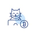 Happy bitcoin user. Smiling cat at laptop. Pixel perfect, editable stroke line icon