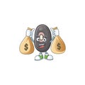 Happy black beans cartoon character with two money bags