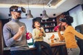 Black family at home. Dad, mom and daughter playing virtual reality