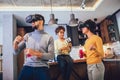 Black family at home. Dad, mom and daughter playing virtual reality