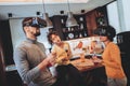 Black family at home. Dad, mom and daughter playing virtual reality
