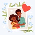 Happy black family. Photo card with portrait of smiling black ethnic man hugging his beautiful wife and daughter Royalty Free Stock Photo